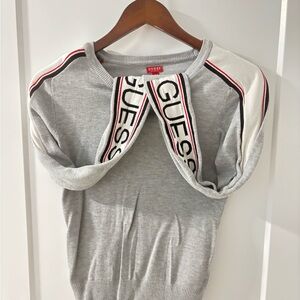Guess Gray Crew Neck Sweater with Black and Red Accents